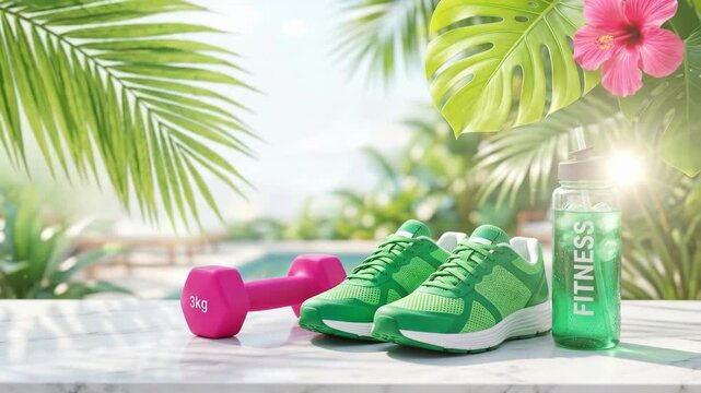 Pink dumbbells green running shoes and water bottle on marble table with tropical plants and pool background. Fitness accessories in paradise setting for healthy lifestyle and workout motivation