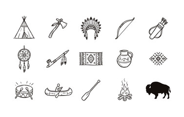 Hand drawn Native American cultural icons featuring traditional teepee dreamcatcher and feathered headdress © Billal