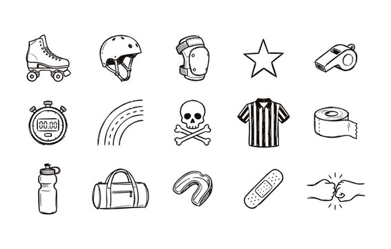 Hand drawn roller derby and quad skating sports equipment doodle icon set in black and white sketch style