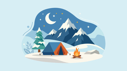 Minimalist winter landscape depicting a campsite at night. Features a blue tent and warm fire set against snowy peaks and a starry sky. Ideal for outdoor adventure and travel themes. © Budi