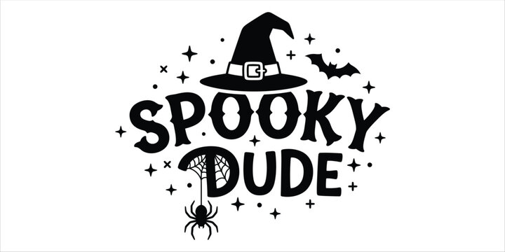 Happy halloween spooky dude graphic with witch hat bats and spider