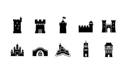 Set of twelve medieval castle icons in black and white vector style Vector © MST REZIA