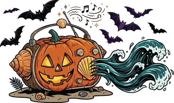 Radio carved from a pumpkin plays ocean waves for a spooky celebration.