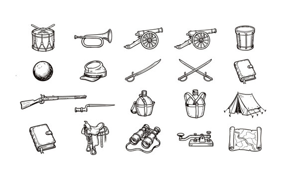 Vintage army icons set including infantry rifle bayonet binoculars telegraph machine map and journal