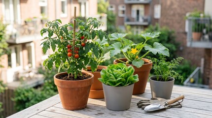 Fototapeta premium Home gardening setup with potted vegetables and herbs on a balcony