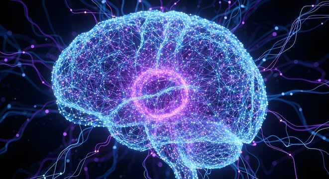 Human brain composed of neural network nodes and glowing synapses represents the advanced complexity of cognitive computing.