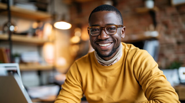 Attractive man in a yellow sweater smiling while working on a laptop in a bright home-style office, candid, warm shelving and exposed brick softly blurred behind, focus