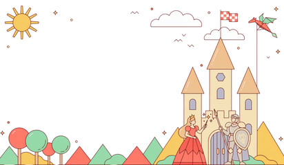 Whimsical castle illustration with colorful flowers and autumn leaves Vector © MST REZIA