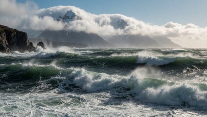 Fototapeta premium Landscape large body water waves crashing against shore deep blue-green color white foamy left side there rock