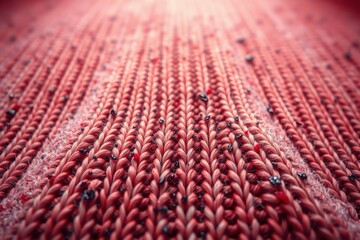 Fototapeta premium Closeup view shows red knit fabric texture. Vertical lines create ribbed pattern, detailed surface visible. Softness implied.