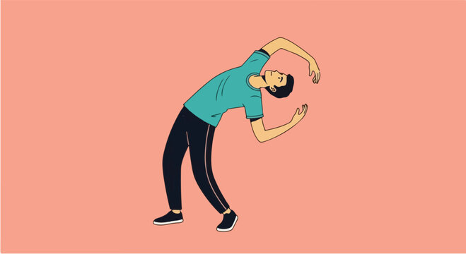 A flat vector illustration of a young man in athletic wear performing a standing back-bend stretch, showcasing flexibility, fitness, and workout routines against a solid pastel pink backdrop.