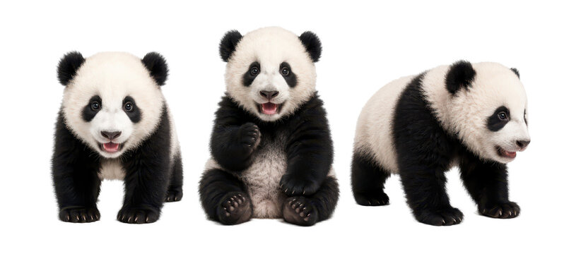 Adorable baby giant panda cub collection featuring three playful poses including standing front view, sitting, and walking side view, isolated on a white background. Cute fluffy wildlife set