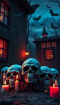 Spooky ghost skulls lit by candles amidst a backdrop of eerie windows and flying bats at dusk, Halloween, ||windows