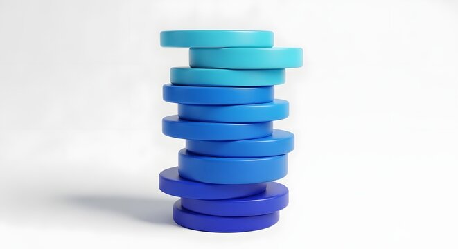 Stacked Gradient Blue Cylindrical Disks Abstract Composition on a Clean White Studio Background