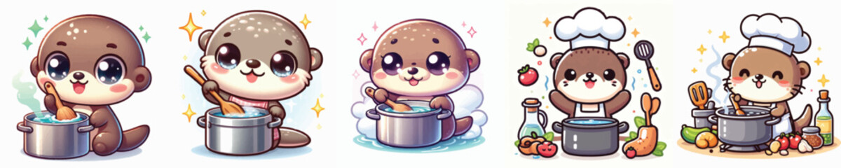 Vector of a cute cartoon otter character stirring a cooking pot © FirdianKrisna