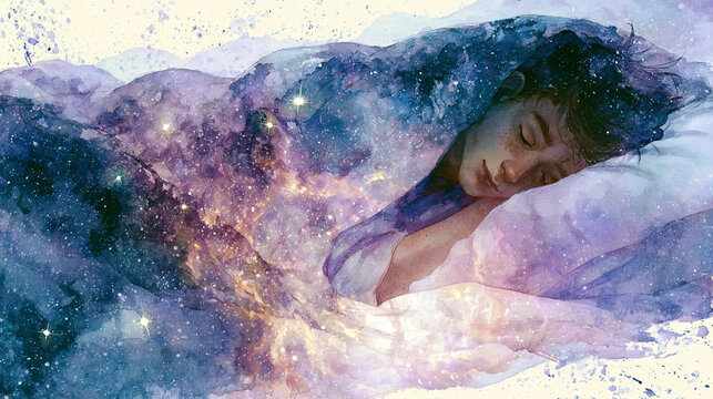Peaceful Sleeping Person in Cozy Bed with Cosmic Watercolor Blanket