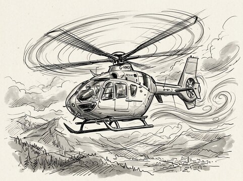 Sketch of a rescue helicopter flying over mountains