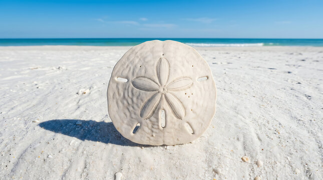 A detailed sand dollar resting on a bright, sun-drenched beach with the ocean and sky in the background.