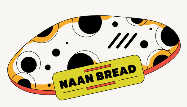 Very beautiful realistic vector of NAAN BREAD featuring traditional oven-baked flatbread with rustic blistered texture and a colorful label reading "NAAN BREAD", isolated on white background.