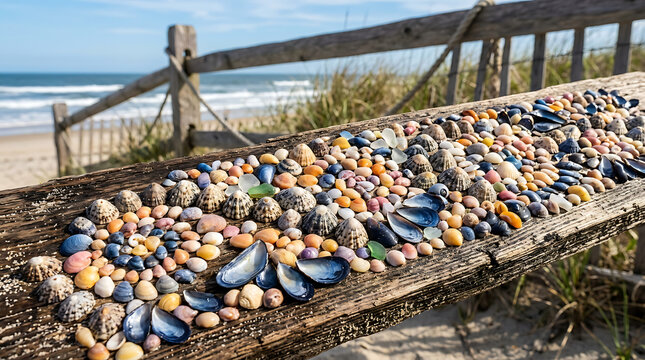 A vibrant mosaic crafted from colorful seashells and stones arranged artfully on a weathered wooden plank at the beach