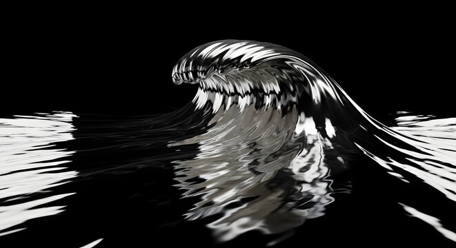 Abstract 3D Liquid Chrome Wave Flowing in a Dark Environment Representing Modern Fluid Motion and Digital Elegance