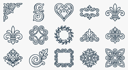 Minimalist Black and White Ornamental Designs Collection Featuring Floral Heart Fleurs de lis and Geometric Patterns for Artistic Projects © Shifa