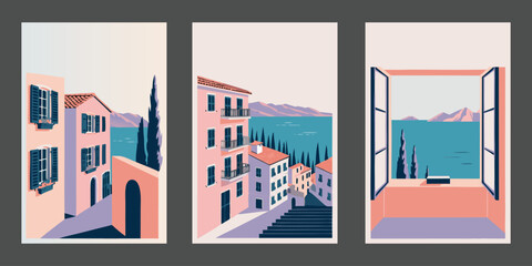 Minimalist Mediterranean Village Landscape Wall Art Vector Set, © Rujon