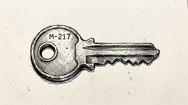 Hand drawn ink illustration of a metal key