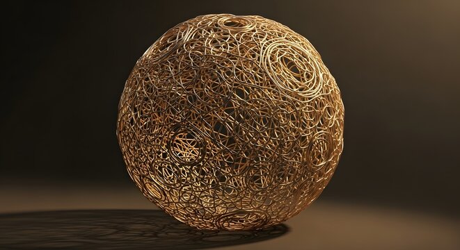 Abstract 3D Render of a Spherical Ball Composed of Interwoven Fibers and Natural Organic Textures