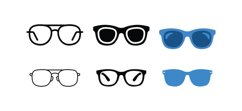 Eyeglasses and Sunglasses Icon Set &ndash; Black Outline and Blue Color Vector Collection Representing Fashion Accessories, Vision Correction, and Summer Style Design