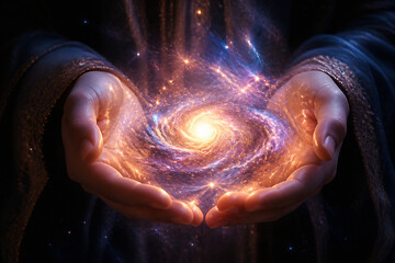 Fototapeta premium Two hands cradling a swirling, luminous galaxy in a dark, cosmic setting.