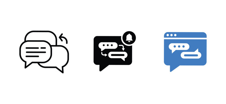 Chat Message Icon Set &ndash; Black Outline and Blue Color Vector Collection Representing Communication, Conversation, and Notification Design