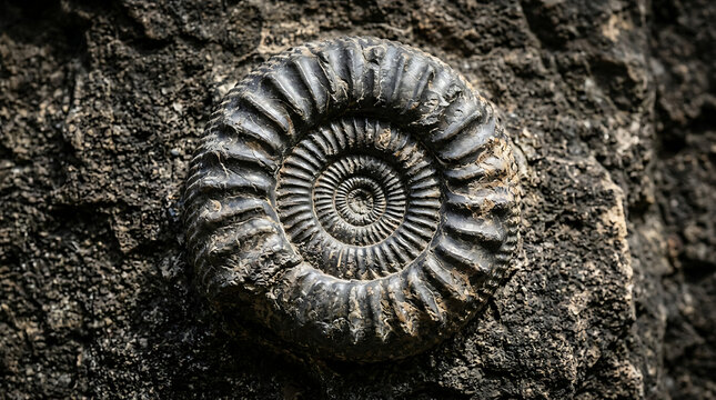 Intricate Fossilized Ammonite Shell Spiral Embedded in Dark Rocky Stone