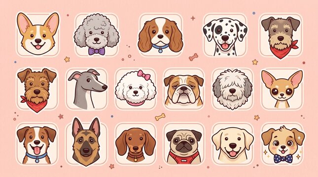 A playful illustration of a sheet filled with seventeen cute cartoon dog breed avatar stickers in rounded square frames, set against a soft pink background decorated with tiny bones and stars.