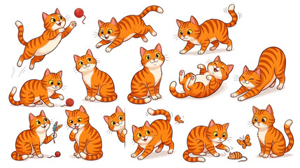Fototapeta premium Cartoon orange tabby cat poses and playtime illustrations