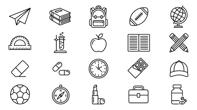 Collection of 20 line icons for school education and daily life