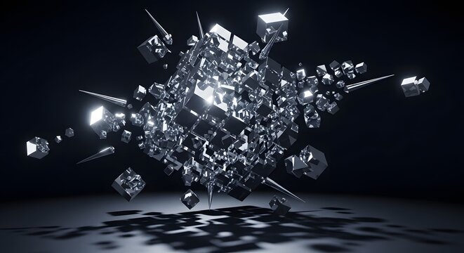 Abstract Futuristic 3D Chrome Structure Featuring Geometric Cubes and Metallic Shards Exploding in a Dark Digital Space