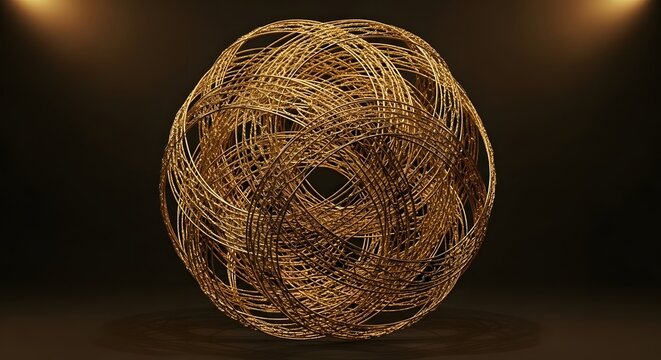 Abstract 3D Golden Sphere Sculpture with Intricate Intertwined Wires on Dark Background