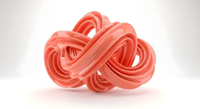Abstract Peach Colored Sculptural 3D Geometric Infinity Knot Form with Glossy Liquid Texture on White Studio Background