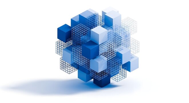 Abstract Geometric Cluster Composition Featuring Three Dimensional Blue Cubes and Wireframe Mesh Structures on a Clean White Background