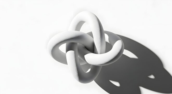 Minimalist white abstract 3D torus knot sculpture casting dramatic shadows on a clean white surface