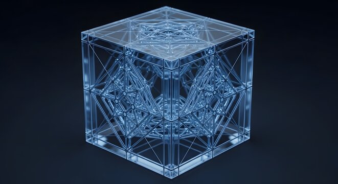 Abstract Geometric Blue Crystalline Cube Structure with Intricate Internal Lattice Framework and Modern Digital Art Design