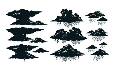 Fototapeta premium Collection of dark storm clouds with lightning and rain black silhouette