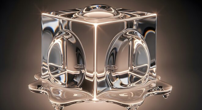 A glowing transparent glass cube featuring abstract mushroom-shaped carvings and melting details under warm studio lighting