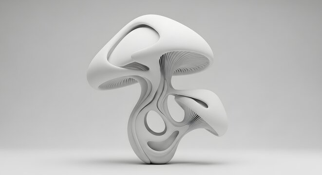 Futuristic white 3D printed organic sculpture with fluid abstract forms and smooth curves on a clean light background