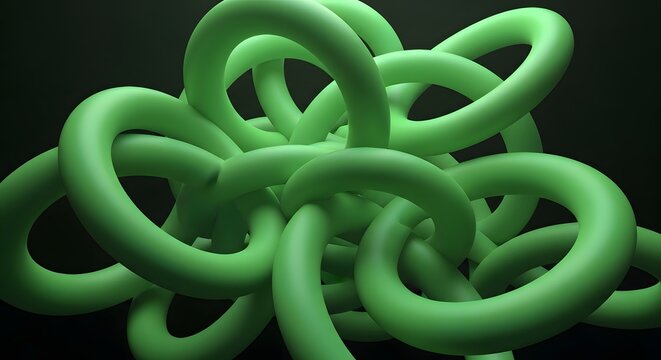 Abstract 3D green torus rings tangled in a complex geometric formation against a dark background