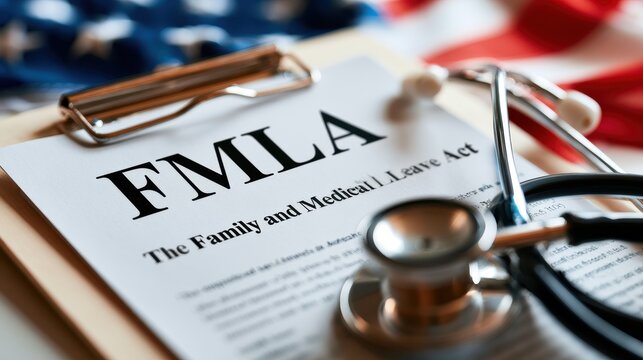 FMLA Family and Medical Leave Act form on clipboard with stethoscope and American flag background.
