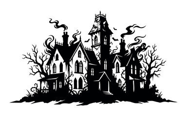Naklejka premium Spooky haunted house with trees and smoke silhouette