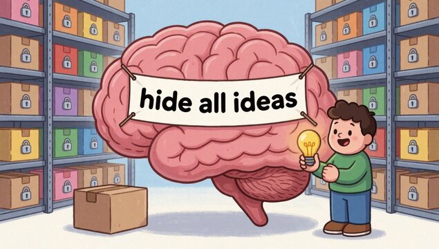 Young boy standing front large pink brain banner reads hide all ideas holding lightbulb right hand has big smi