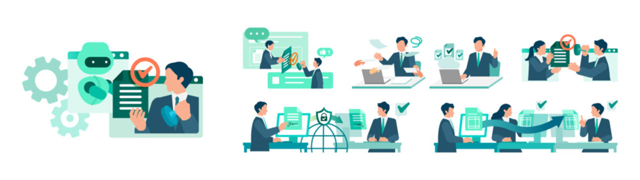 A comprehensive vector illustration bundle showcasing modern digital workflow solutions, where business professionals seamlessly manage smart authorization requests and contract reviews.